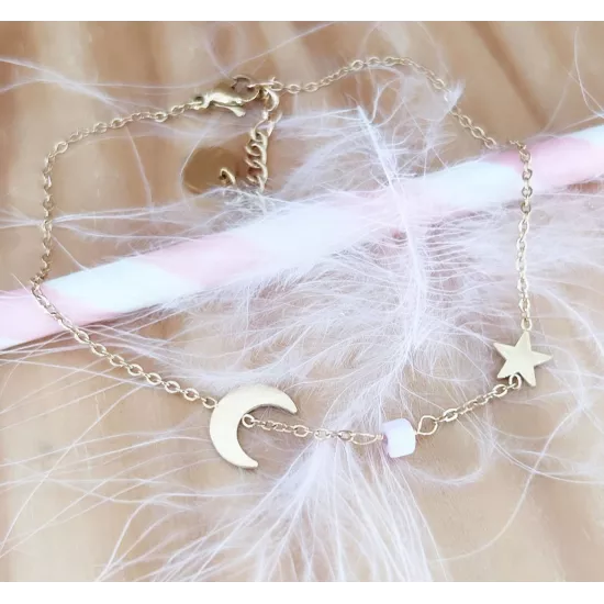 Chaîne de cheville acier doré Moon and Star