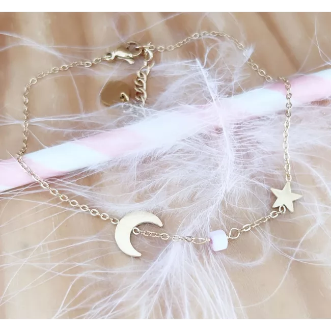 Chaîne de cheville acier doré Moon and Star