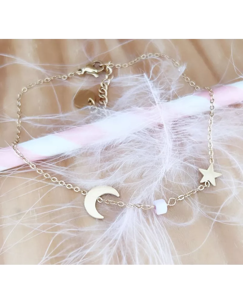 Chaîne de cheville acier doré Moon and Star