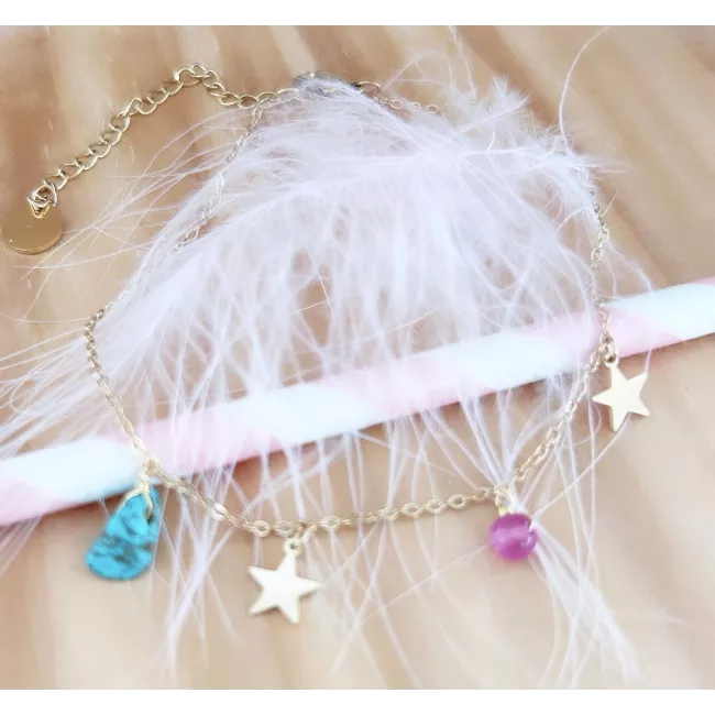Chaîne de cheville acier doré Stars and Beads