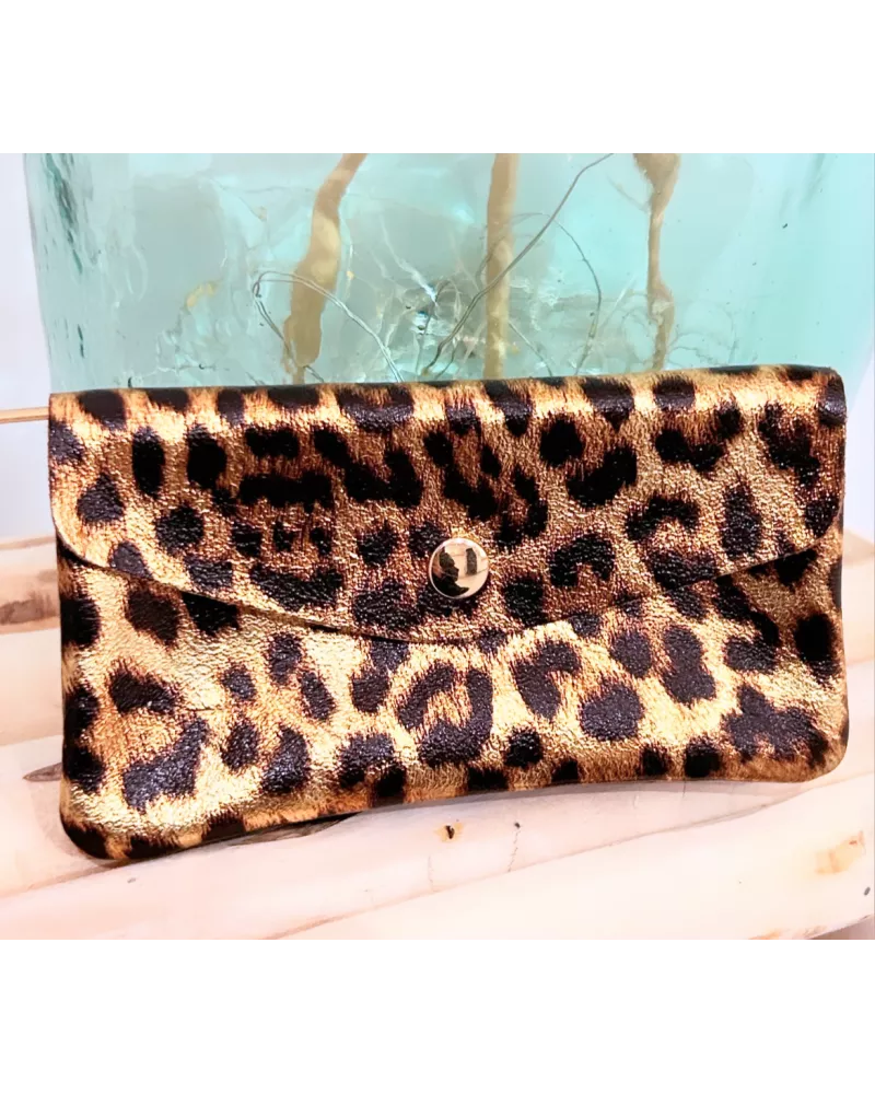 Pochette en cuir irisé doré et coloré