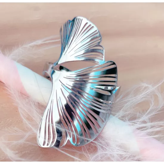 Bague en acier en feuille de ginkgo biloba