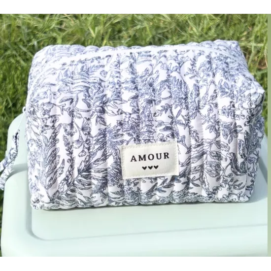 Trousse maquillage femme coton – Toile florale bleue | Juliette