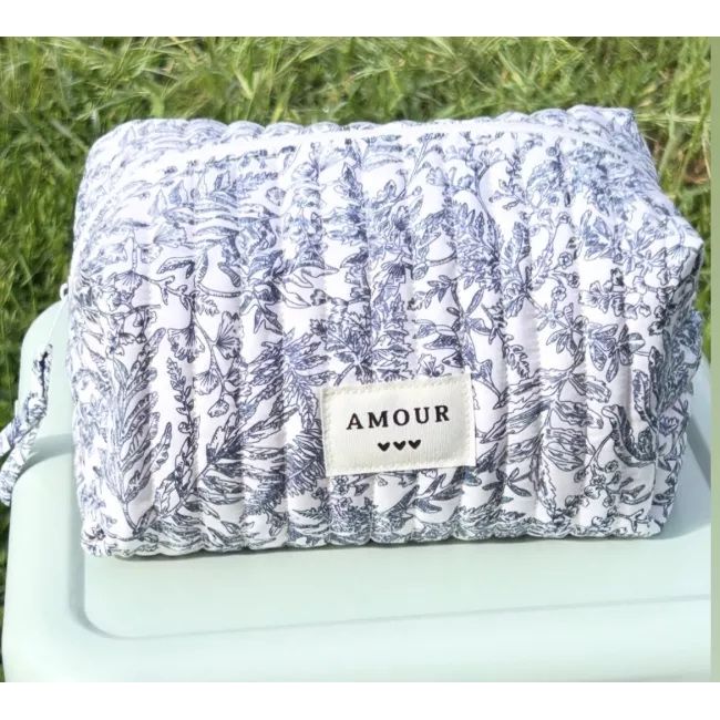 Trousse maquillage femme coton – Toile florale bleue | Juliette