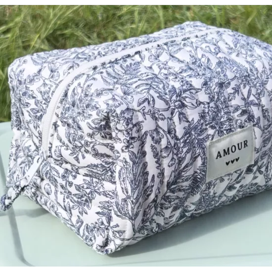 Trousse maquillage femme coton – Toile florale bleue | Juliette