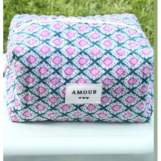 Trousse maquillage femme coton – Motif graphique bleu rose | Juliette