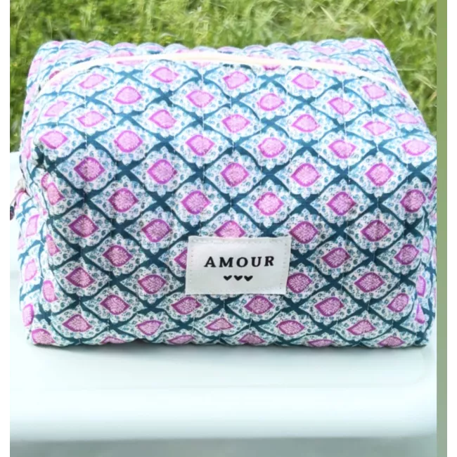 Trousse maquillage femme coton – Motif graphique bleu rose | Juliette