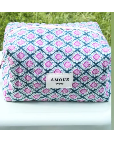 Trousse maquillage femme coton – Motif graphique bleu rose | Juliette