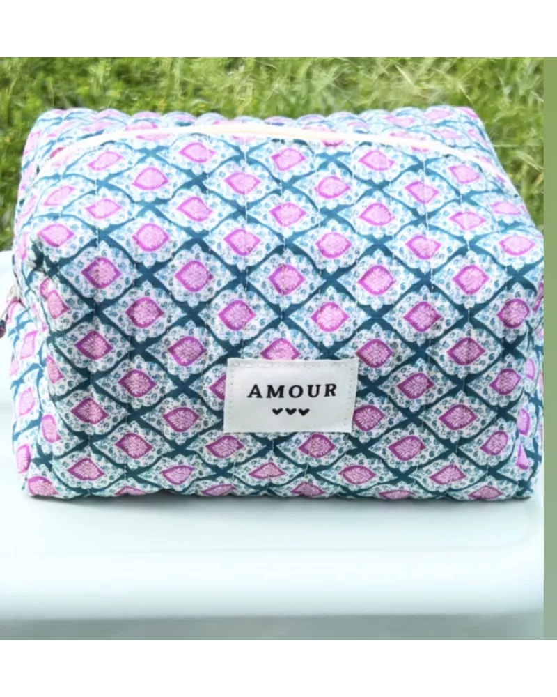 Trousse maquillage femme coton – Motif graphique bleu rose | Juliette