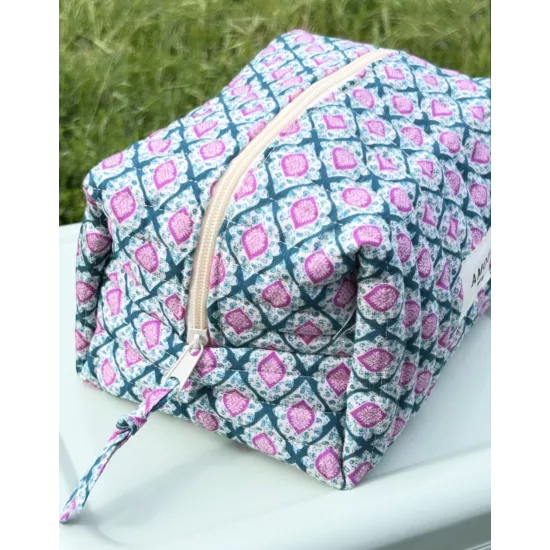 Trousse maquillage femme coton – Motif graphique bleu rose | Juliette