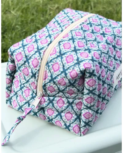 Trousse maquillage femme coton – Motif graphique bleu rose | Juliette