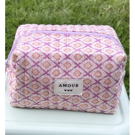 Trousse maquillage femme coton – Motif graphique rose abricot | Juliette
