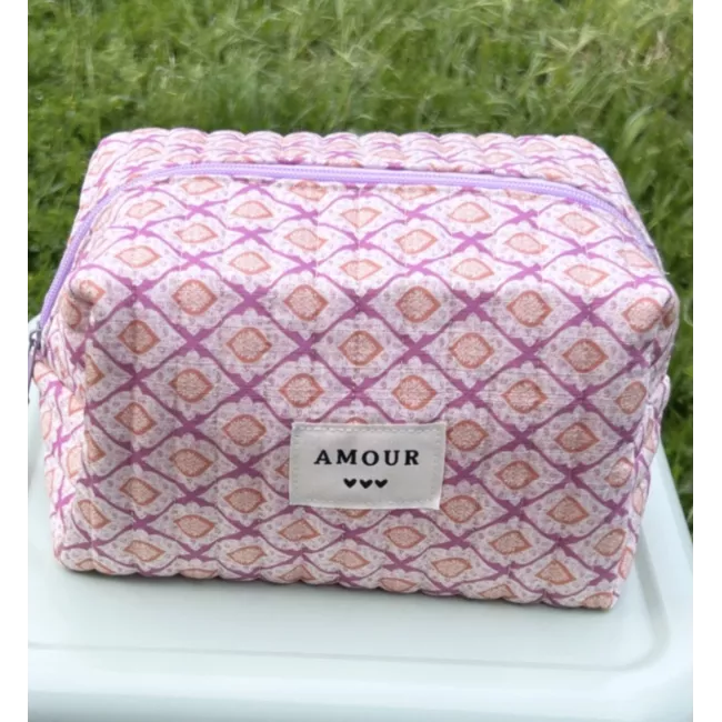 Trousse maquillage femme coton – Motif graphique rose abricot | Juliette
