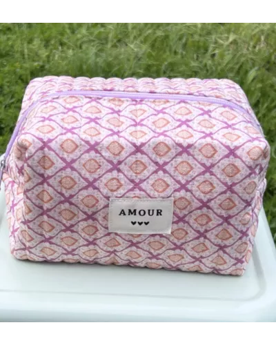Trousse maquillage femme coton – Motif graphique rose abricot | Juliette