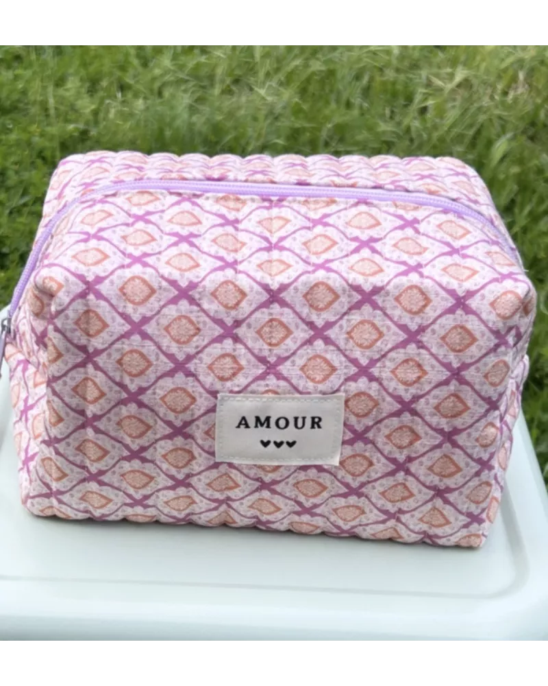 Trousse maquillage femme coton – Motif graphique rose abricot | Juliette
