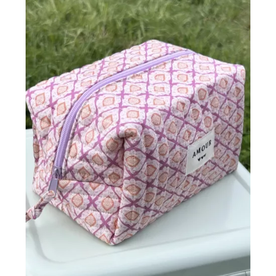 Trousse maquillage femme coton – Motif graphique rose abricot | Juliette