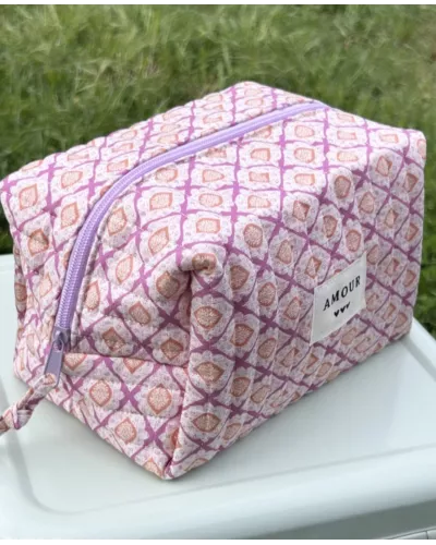 Trousse maquillage femme coton – Motif graphique rose abricot | Juliette