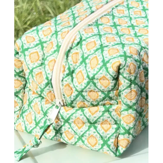Trousse maquillage femme coton – Motif graphique vert jaune | Juliette