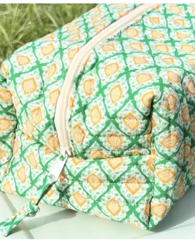 Trousse maquillage femme coton – Motif graphique vert jaune | Juliette