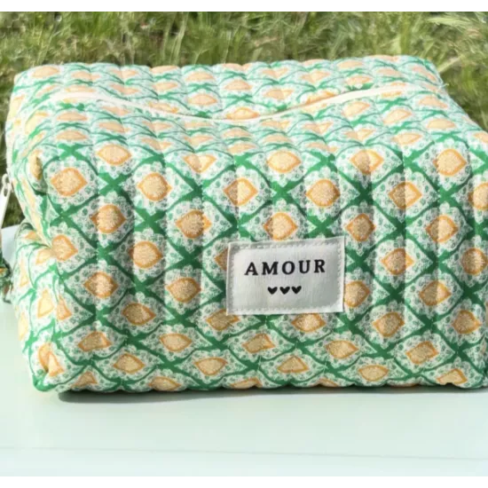 Trousse maquillage femme coton – Motif graphique vert jaune | Juliette