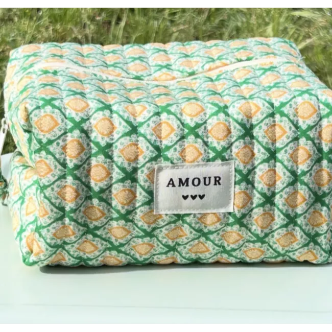Trousse maquillage femme coton – Motif graphique vert jaune | Juliette