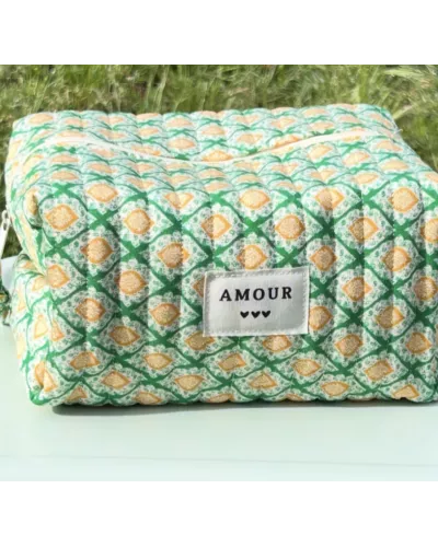 Trousse maquillage femme coton – Motif graphique vert jaune | Juliette