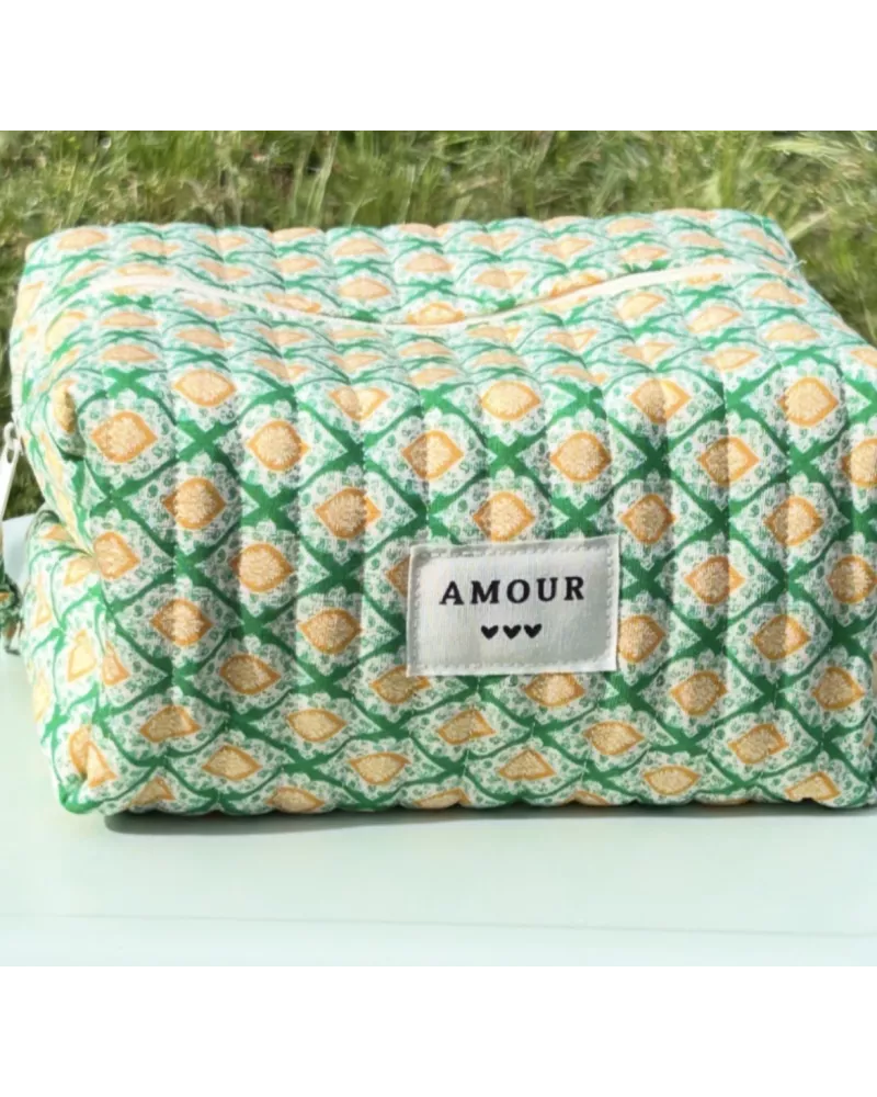 Trousse maquillage femme coton – Motif graphique vert jaune | Juliette