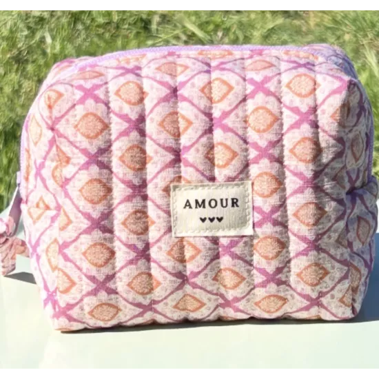 Mini trousse femme graphique rose abricot – Pochette maquillage tendance | My Poupi