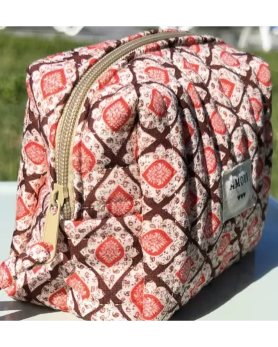Mini trousse femme graphique marron corail – Pochette maquillage chic | My Poupi