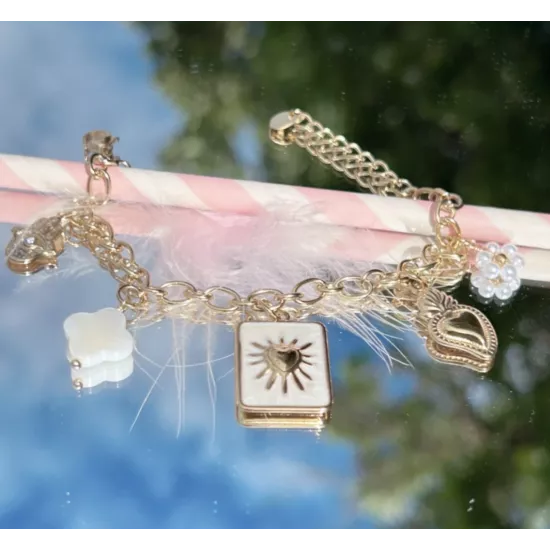 Bracelet acier doré cœur solaire & trèfle nacré – MY POUPI