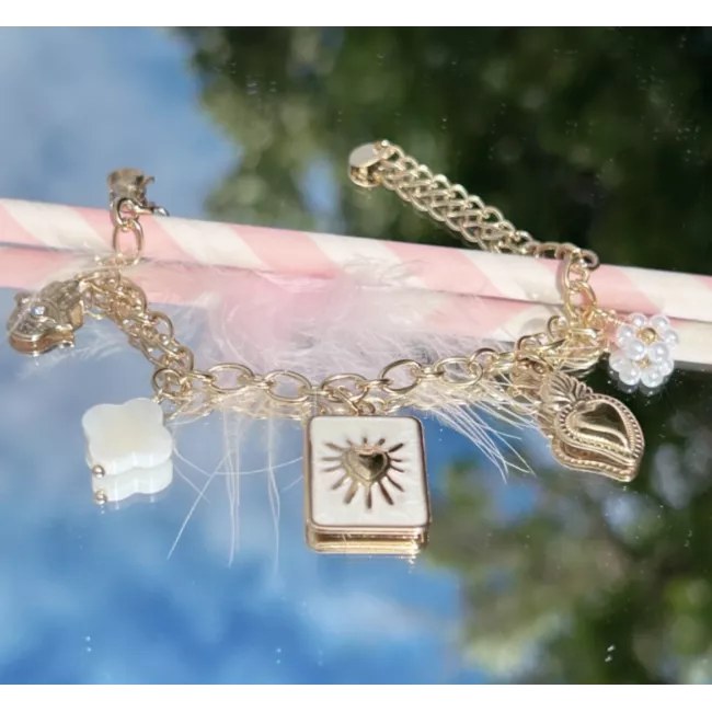 Bracelet acier doré cœur solaire & trèfle nacré – MY POUPI