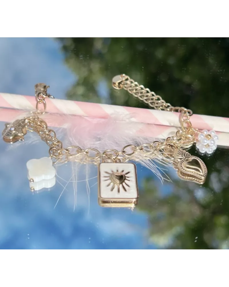 Bracelet acier doré cœur solaire & trèfle nacré – MY POUPI