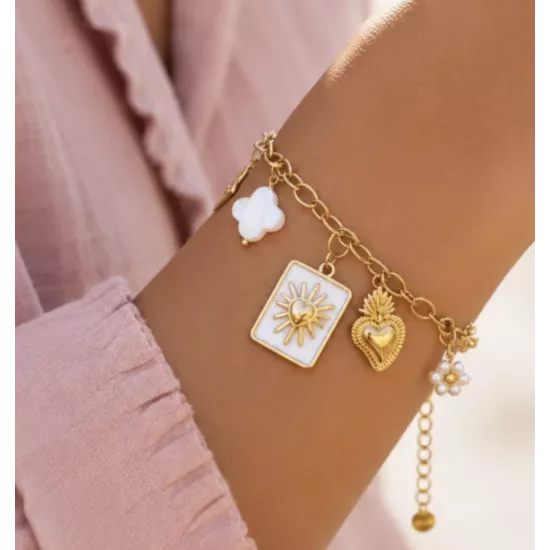 Bracelet acier doré cœur solaire & trèfle nacré – MY POUPI