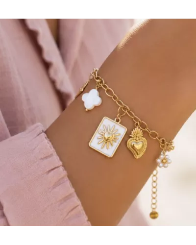 Bracelet acier doré cœur solaire & trèfle nacré – MY POUPI