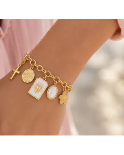 Bracelet acier doré cœur solaire & médaille martelée – MY POUPI