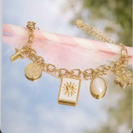 Bracelet acier doré cœur solaire & médaille martelée – MY POUPI