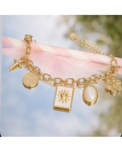 Bracelet acier doré cœur solaire & médaille martelée – MY POUPI