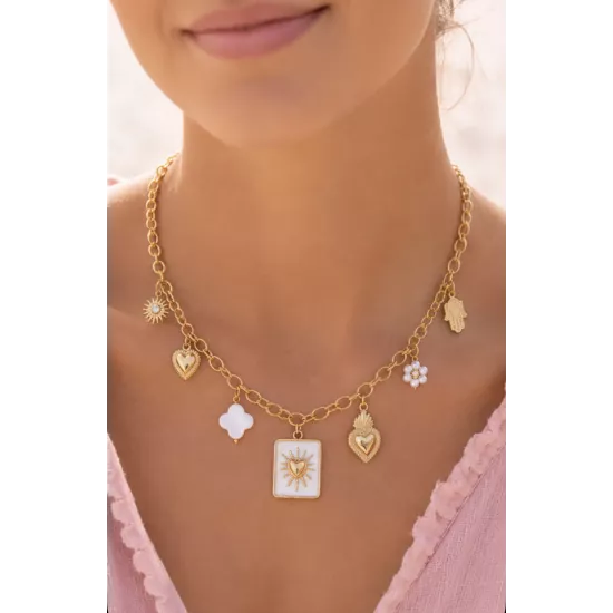 Collier acier doré cœur solaire & trèfle nacré – MY POUPI