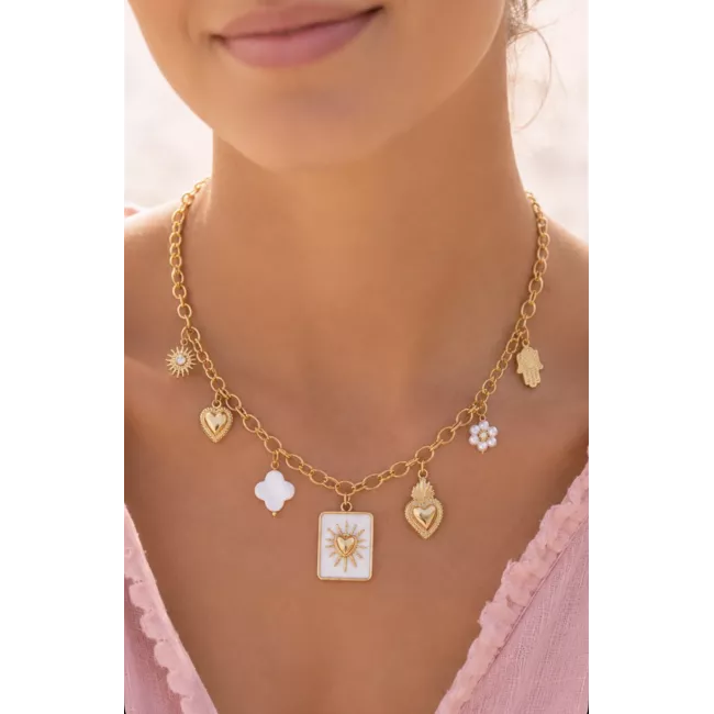 Collier acier doré cœur solaire & trèfle nacré – MY POUPI