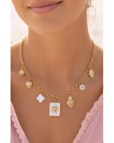 Collier acier doré cœur solaire & trèfle nacré – MY POUPI