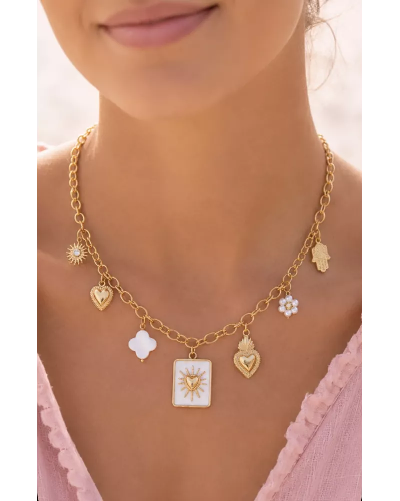Collier acier doré cœur solaire & trèfle nacré – MY POUPI