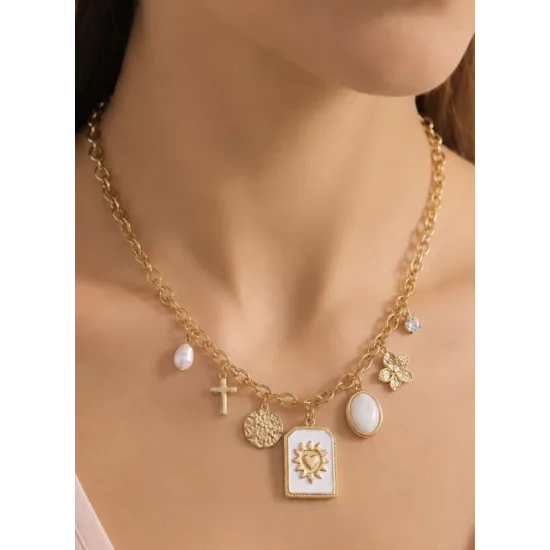 Collier acier doré cœur solaire & charms bohèmes – MY POUPI
