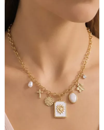 Collier acier doré cœur solaire & charms bohèmes – MY POUPI