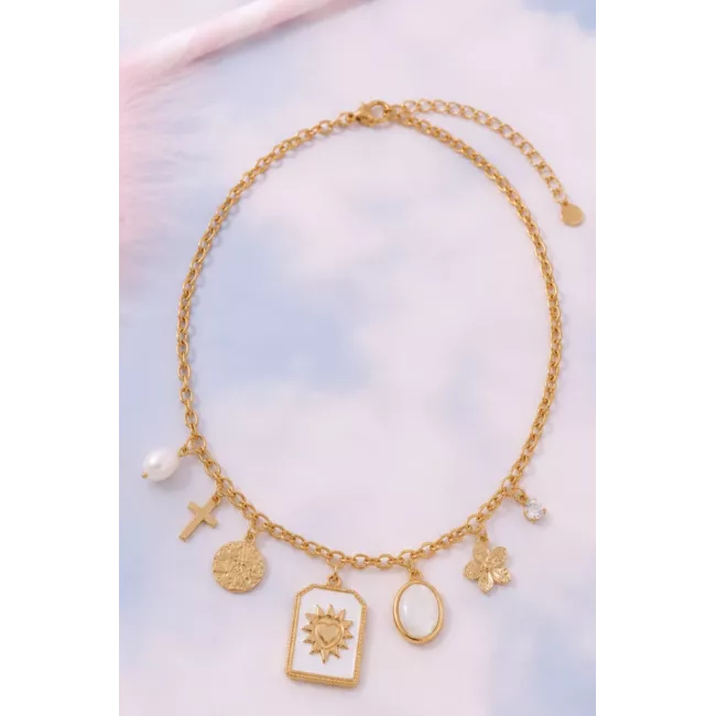 Collier acier doré cœur solaire & charms bohèmes – MY POUPI