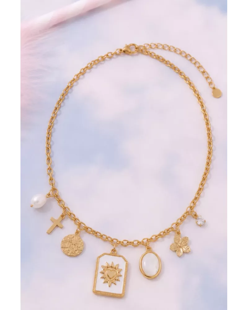 Collier acier doré cœur solaire & charms bohèmes – MY POUPI
