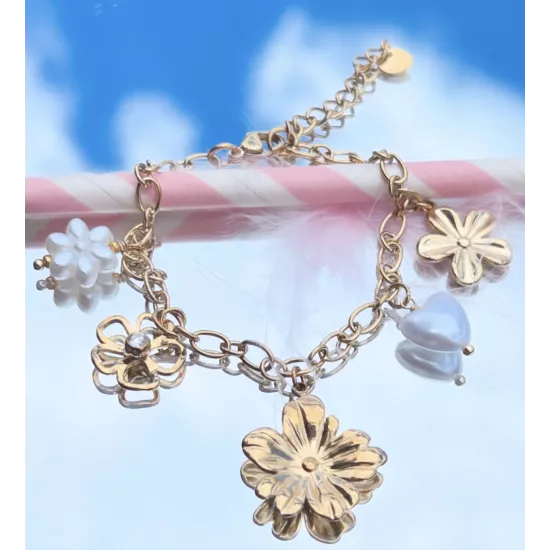 Bracelet fleurs doré & cœur nacré en acier inoxydable – Mélysane