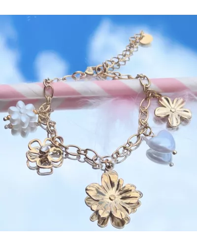 Bracelet fleurs doré & cœur nacré en acier inoxydable – Mélysane