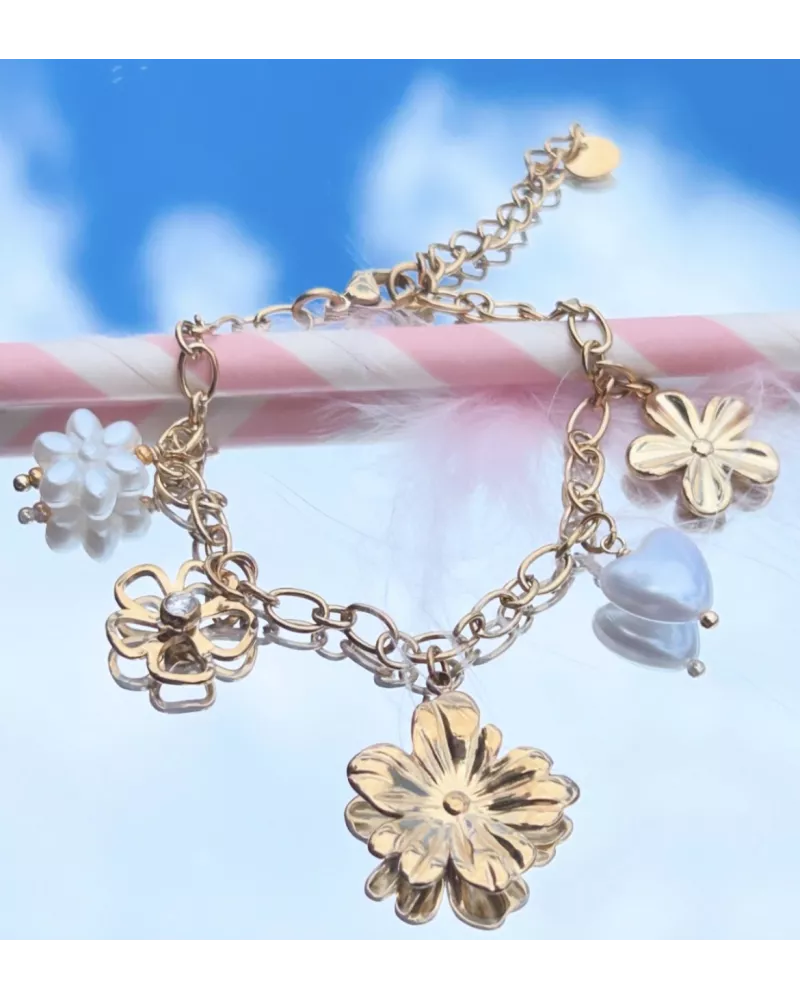 Bracelet fleurs doré & cœur nacré en acier inoxydable – Mélysane