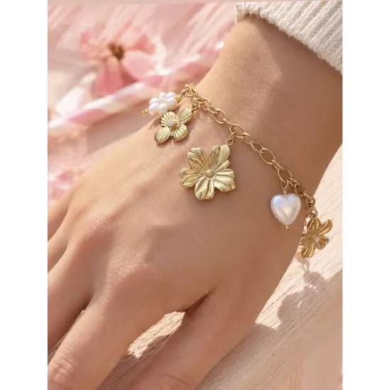 Bracelet fleurs doré & cœur nacré en acier inoxydable – Mélysane