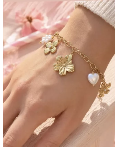 Bracelet fleurs doré & cœur nacré en acier inoxydable – Mélysane